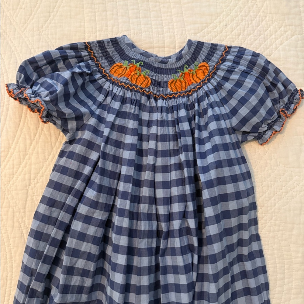 Smocked Dress Blue Checkered with Pumpkin Embroidery